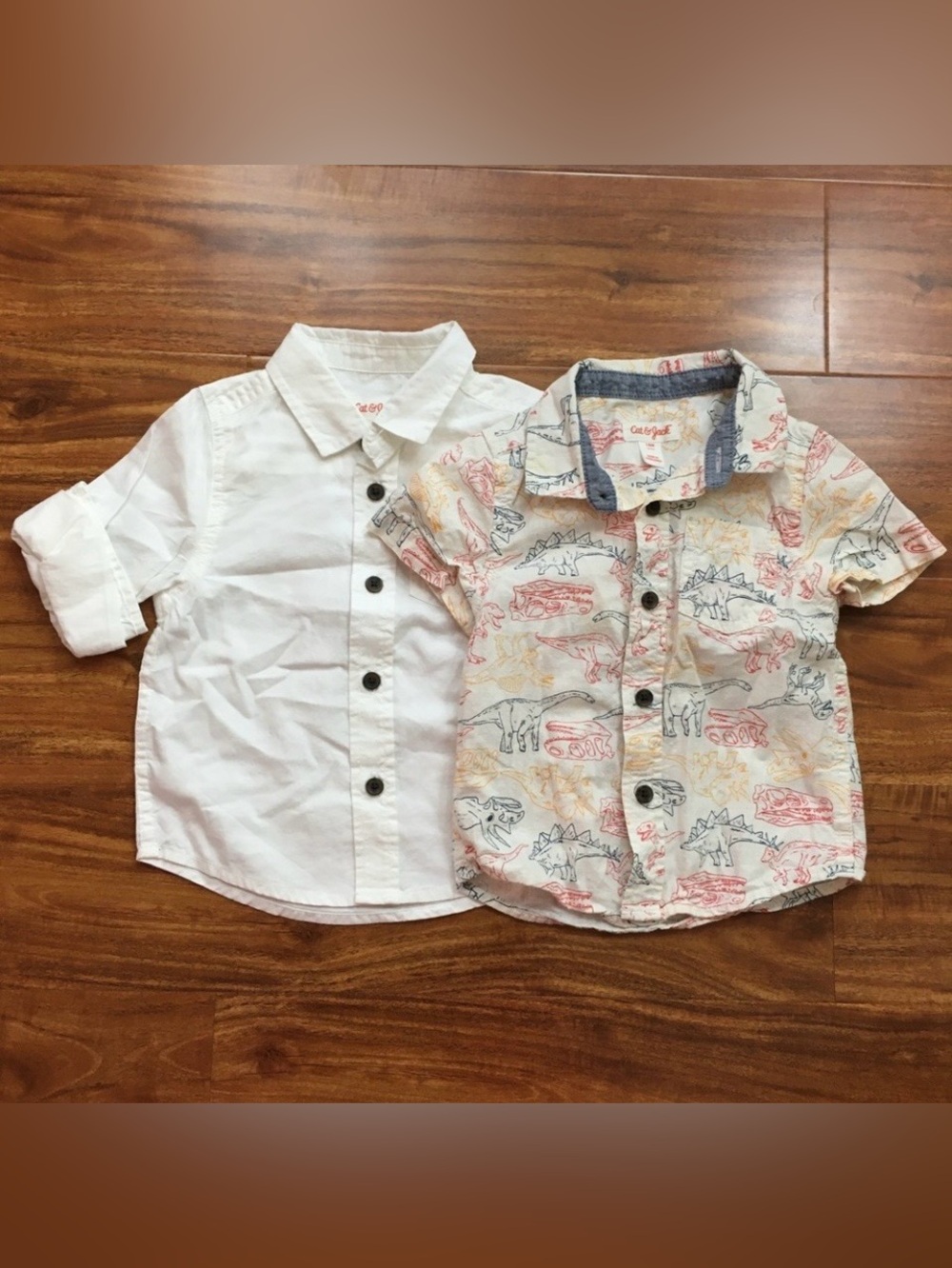 3/$25 Cat & Jack Baby White + Cream Dinosaur Button Collared 2 Shirts Size 18M